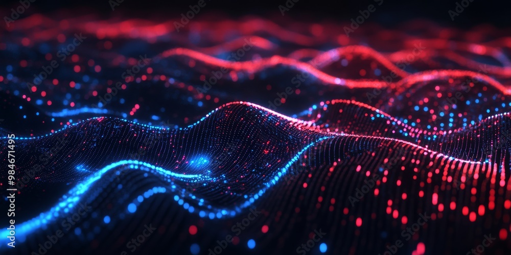 Poster a captivating display of vibrant abstract waves showcasing glowing particles in red and blue hues, c