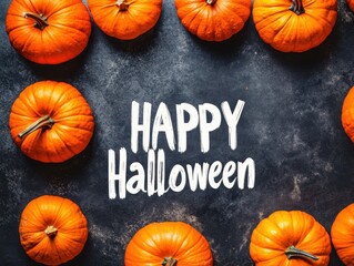 text "HAPPY Halloween" written in white, centered on top of pumpkins Generative AI