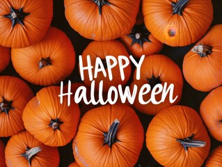 text "HAPPY Halloween" written in white, centered, on top of pumpkins with an orange color theme, conveying a Halloween vibe Generative AI