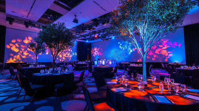 A high-energy corporate conference with interactive elements, advanced technology, and modern decor.