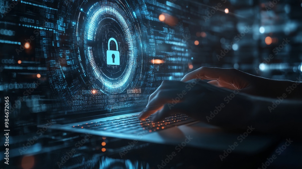 Poster a skilled cyber security expert works remotely to ensure data safety, using advanced cloud computing
