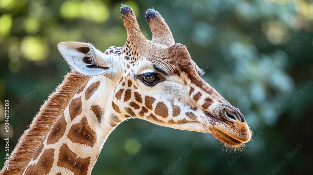 Poster A close-up of a giraffe's head showcasing its unique patterns and features.