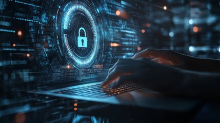 Fototapeta premium A skilled cyber security expert works remotely to ensure data safety, using advanced cloud computing and technology to provide enhanced protection against various potential threats