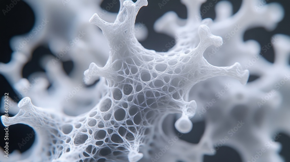 Poster close-up view of intricate white structures resembling organic or cellular forms.