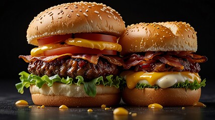 Burger, bacon, cheese sauce food delicious meal fast food appetizing special.