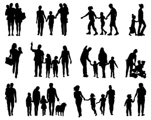 Black silhouettes of families in walk on a white background	