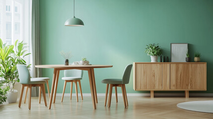 Modern living room interior features elegant eucalyptus wooden commode, Stylish living room interior design mock up poster frame frotte armchair wooden side table.