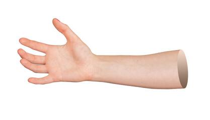 Woman s hand reaching out to grab or hold something, isolated on white background. Open palm and