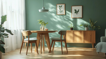 Modern living room interior features elegant eucalyptus wooden commode, Stylish living room interior design mock up poster frame frotte armchair wooden side table.