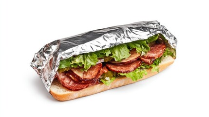 A foil-wrapped sandwich, neatly sealed, centered on a white background, highlighting convenience and on-the-go packaging.