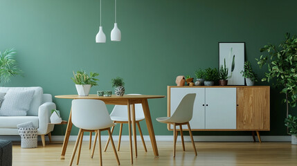 Modern living room interior features elegant eucalyptus wooden commode, Stylish living room interior design mock up poster frame frotte armchair wooden side table.