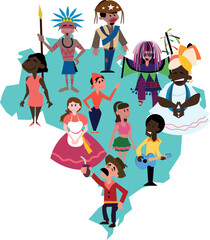 Povo brasileiro e os grupos étnicos e culturas diversas, como a dança do Maracatu, Baiana, Gaúcho, Sertanejo, entre outros