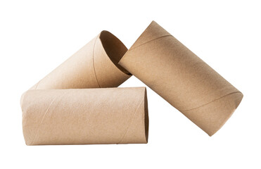 Side view of brown tissue paper cores in stack after tissue paper used isolated with clipping path in png file format