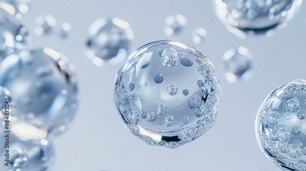 Poster a close-up view of transparent bubbles floating in a light background.