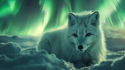 A White Arctic Fox Under the Green Northern Lights