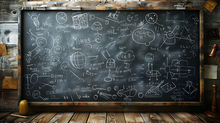 Creative chalkboard doodles, classroom blackboard art, science and math sketches, educational drawings, brainstorming ideas, conceptual learning, chalk illustrations, academic inspiration

