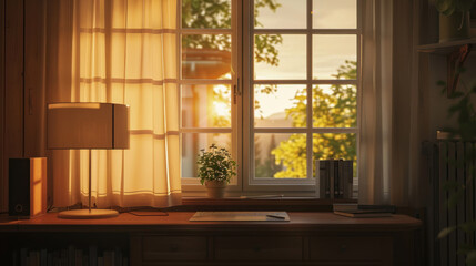 A cozy home setup with natural light streaming in from a window, complemented by a desk lamp, creating a well-lit environment for a virtual meeting