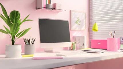 A stylish pink-themed workspace featuring a computer, plants, and organized stationery.