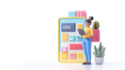 A 3D illustration of a woman interacting with a mobile device and vibrant app icons.