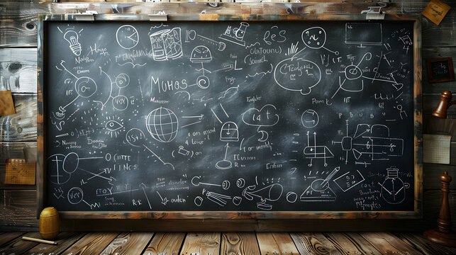 Creative chalkboard doodles, classroom blackboard art, science and math sketches, educational drawings, brainstorming ideas, conceptual learning, chalk illustrations, academic inspiration