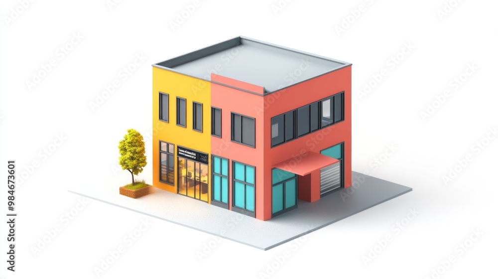 Poster a colorful modern building with large windows and a small tree outside.