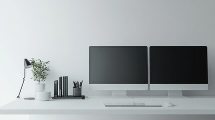 A minimalist workspace featuring dual monitors, a lamp, and organized stationery.