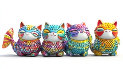 Colorful, whimsical cat figurines with vibrant patterns and playful expressions.