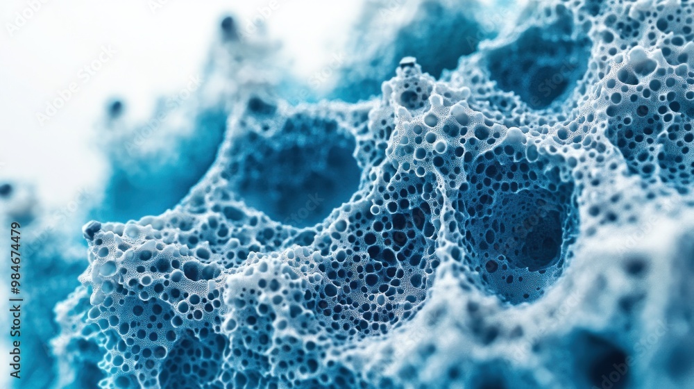 Poster macro image of textured, porous material with a blue hue, resembling cellular structures.
