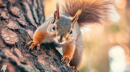 Fototapeta premium A close-up of a curious squirrel climbing a tree, showcasing its vibrant fur and playful stance.