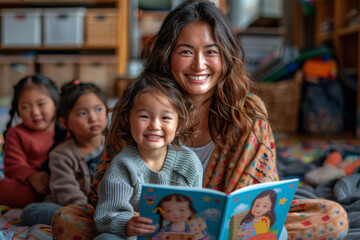 Dedicated female educator shares an enchanting story with a group of eager children, creating a warm and engaging atmosphere filled with smiles and laughter