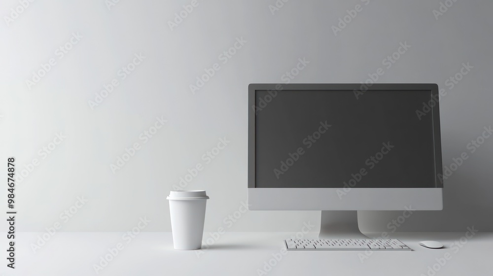 Poster a minimalist workspace featuring a computer and a coffee cup on a clean desk.