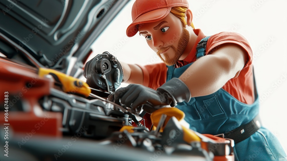 Poster a mechanic working on a car engine with tools.