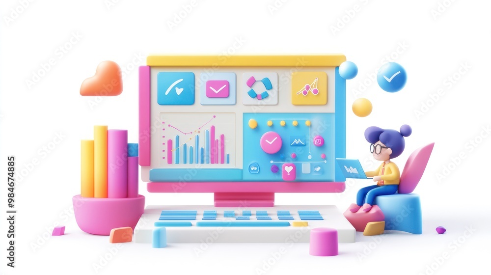 Aufkleber a colorful, 3d illustration of a person analyzing data on a computer screen.