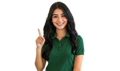 Portrait of a smiling woman with her index finger pointing up, isolated on transparent background