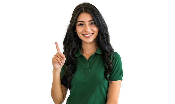 Portrait of a smiling woman with her index finger pointing up, isolated on transparent background