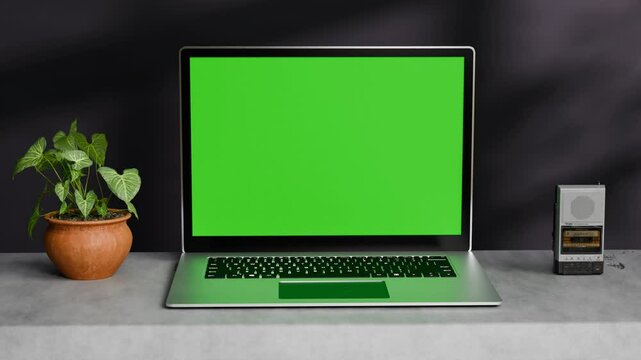 Modern Laptop computer slow zoom animation with green screen. Notebook High-quality 3D Animation black background