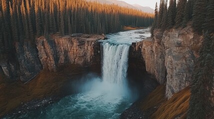 Naklejka premium A stunning waterfall cascading into a river, surrounded by lush forests and mountains.