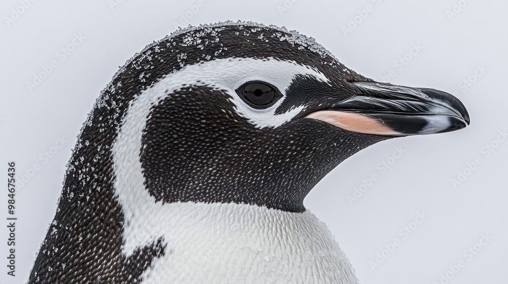 Poster close-up of a penguin's head showcasing its distinctive markings and features.