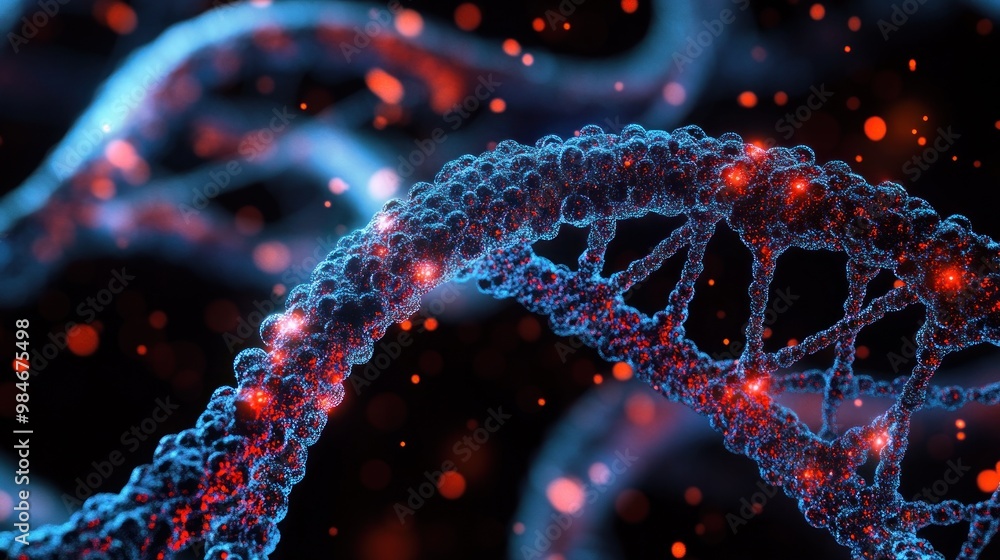 Poster close-up of a dna double helix with glowing particles, illustrating genetic structure.