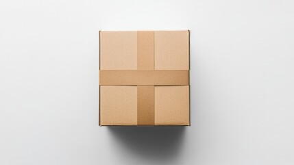 Obraz premium A minimalist cardboard box with sharp, clean lines, sealed with tape, set against a plain white background, perfect for product packaging or shipping concepts.