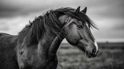 A monochrome portrait of a horse, showcasing its majestic features and flowing mane.