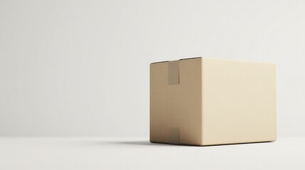 A minimalist cardboard box with sharp, clean lines, sealed with tape, set against a plain white background, perfect for product packaging or shipping concepts.