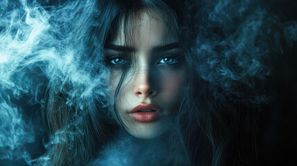 Dark Fantasy Portrait of Sensual Woman with Flowing Hair Veiled in Smoke.