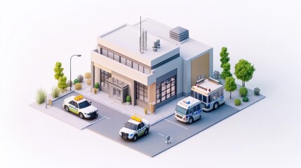 A modern emergency service building with police and ambulance vehicles parked outside.