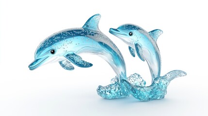Fototapeta premium A decorative glass sculpture of dolphins swimming in water.