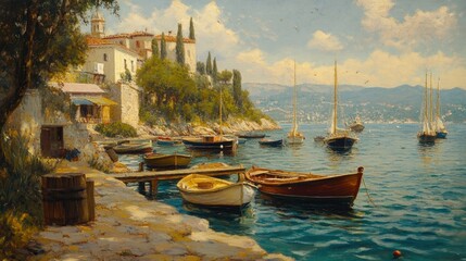 Fototapeta premium A picturesque scene of a tranquil sea, a pier in the foreground, and several boats tied near the shore.
