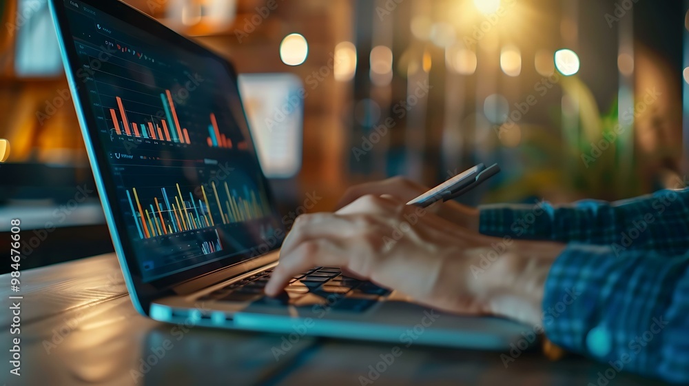 Poster a financial planner working on a laptop, creating a savings chart with colorful graphs and charts on