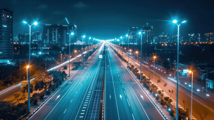 A cityscape at night with streetlights powered by solar panels, casting a warm, efficient glow on the roads below, highlighting urban sustainability efforts