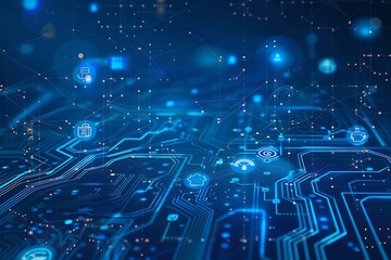 Abstract blue background with circuit board and icons