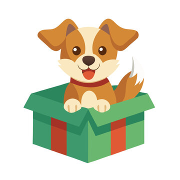recommend clip art: Happy Puppy in Gift Box: A charming cartoon illustration of a cheerful puppy peeking out of a green gift box with a red ribbon.  Perfect for pet-related projects, gift wrapping, and celebrating adopti